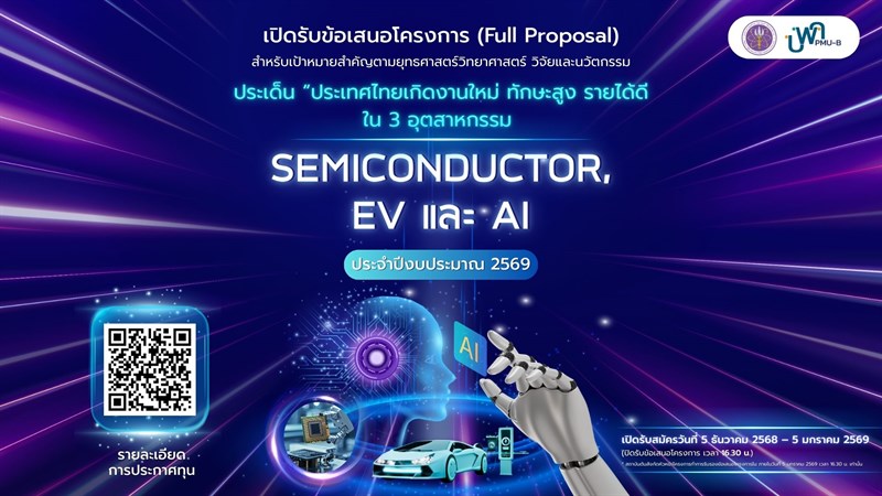 บพค. ประกาศเปิดรับข้อเสนอโครงการ สำหรับเป้าหมายสำคัญตามยุทธศาสตร์วิทยาศาสตร์ วิจัยและนวัตกรรม ประเด็น “ประเทศไทยเกิดงานใหม่ ทักษะสูง รายได้ดี ใน 3 อุตสาหกรรม (Semiconductor, EV และ AI)”ประจำปีงบประมาณ 2569